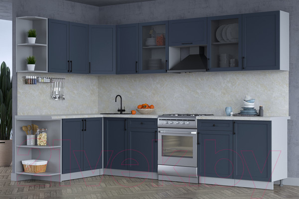 Изображение товара Кухонный гарнитур Интерлиния Тренд 1.7x3.1 левая (индиго/индиго/опал светлый)