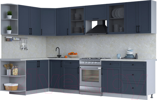 Изображение товара Кухонный гарнитур Интерлиния Тренд 1.7x3.2 левая (индиго/индиго/опал светлый)