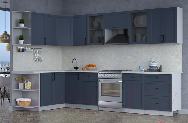 Изображение товара Кухонный гарнитур Интерлиния Тренд 1.7x3.2 левая (индиго/индиго/опал светлый)