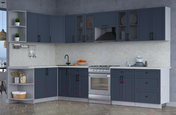 Изображение товара Кухонный гарнитур Интерлиния Тренд 1.7x3.3 левая (индиго/индиго/опал светлый)