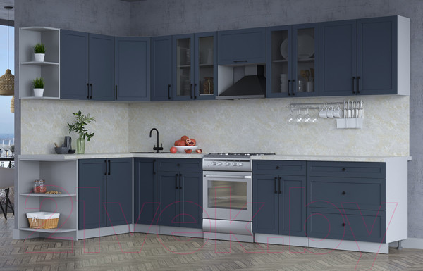 Изображение товара Кухонный гарнитур Интерлиния Тренд 1.7x3.5 левая (индиго/индиго/опал светлый)