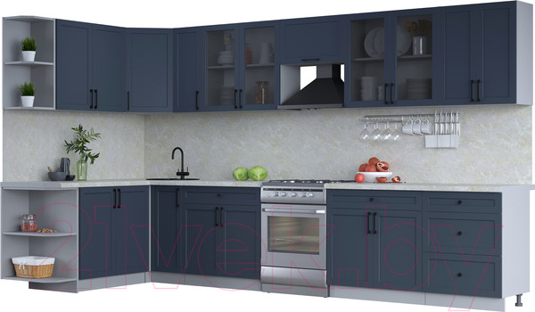 Изображение товара Кухонный гарнитур Интерлиния Тренд 1.7x3.7 левая (индиго/индиго/опал светлый)
