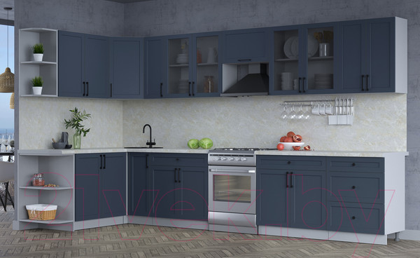 Изображение товара Кухонный гарнитур Интерлиния Тренд 1.7x3.7 левая (индиго/индиго/опал светлый)