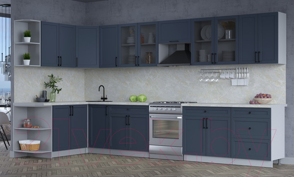 Изображение товара Кухонный гарнитур Интерлиния Тренд 1.7x3.8 левая (индиго/индиго/опал светлый)