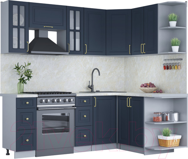 Изображение товара Кухонный гарнитур Интерлиния Мила Шато 1.5x2.2 правая (индиго/индиго/опал светлый)