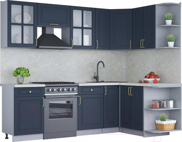Изображение товара Кухонный гарнитур Интерлиния Мила Шато 1.5x2.5 правая (индиго/индиго/опал светлый)