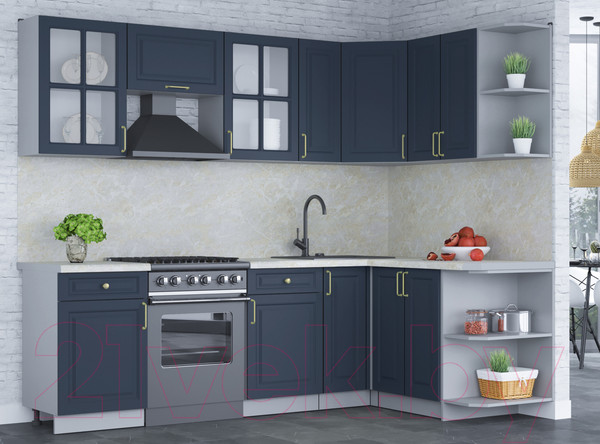 Изображение товара Кухонный гарнитур Интерлиния Мила Шато 1.5x2.5 правая (индиго/индиго/опал светлый)