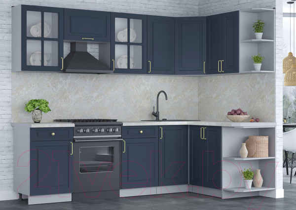 Изображение товара Кухонный гарнитур Интерлиния Мила Шато 1.5x2.6 правая (индиго/индиго/опал светлый)