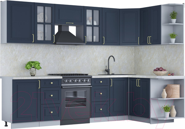 Изображение товара Кухонный гарнитур Интерлиния Мила Шато 1.5x2.9 правая (индиго/индиго/опал светлый)