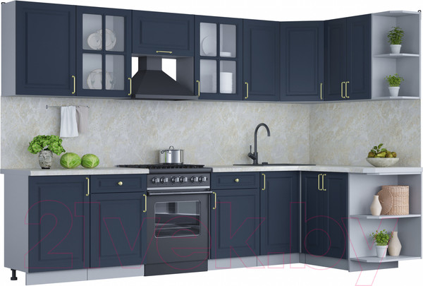 Изображение товара Кухонный гарнитур Интерлиния Мила Шато 1.5x3.1 правая (индиго/индиго/опал светлый)