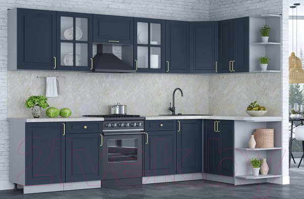 Изображение товара Кухонный гарнитур Интерлиния Мила Шато 1.5x3.1 правая (индиго/индиго/опал светлый)