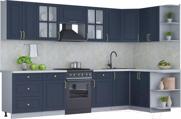 Изображение товара Кухонный гарнитур Интерлиния Мила Шато 1.5x3.2 правая (индиго/индиго/опал светлый)