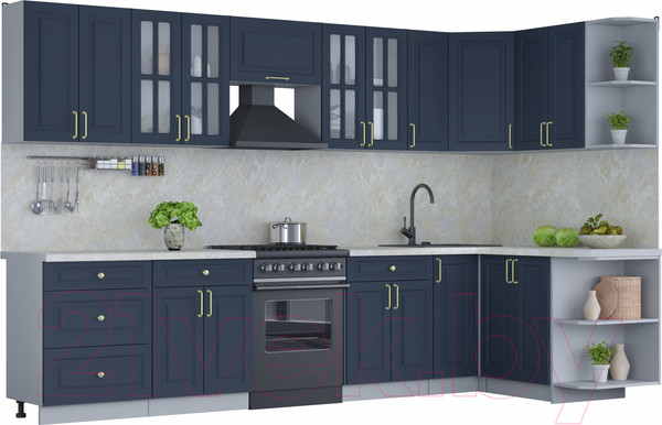Изображение товара Кухонный гарнитур Интерлиния Мила Шато 1.5x3.3 правая (индиго/индиго/опал светлый)