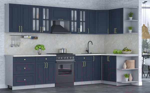 Изображение товара Кухонный гарнитур Интерлиния Мила Шато 1.5x3.3 правая (индиго/индиго/опал светлый)