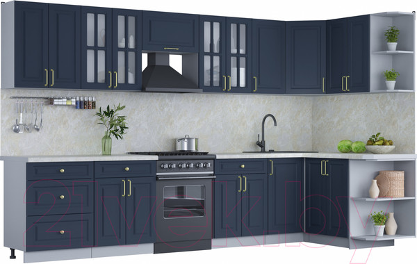 Изображение товара Кухонный гарнитур Интерлиния Мила Шато 1.5x3.4 правая (индиго/индиго/опал светлый)