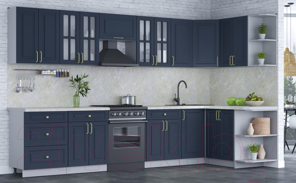 Изображение товара Кухонный гарнитур Интерлиния Мила Шато 1.5x3.4 правая (индиго/индиго/опал светлый)