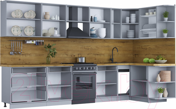 Изображение товара Кухонный гарнитур Интерлиния Мила Шато 1.5x3.5 правая (индиго/индиго/опал светлый)