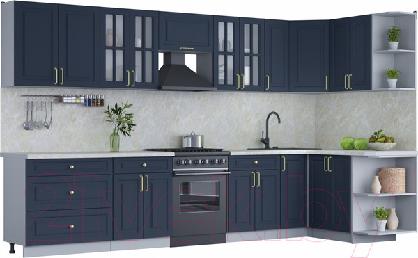 Изображение товара Кухонный гарнитур Интерлиния Мила Шато 1.5x3.5 правая (индиго/индиго/опал светлый)