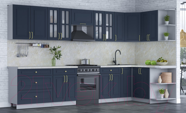 Изображение товара Кухонный гарнитур Интерлиния Мила Шато 1.5x3.5 правая (индиго/индиго/опал светлый)