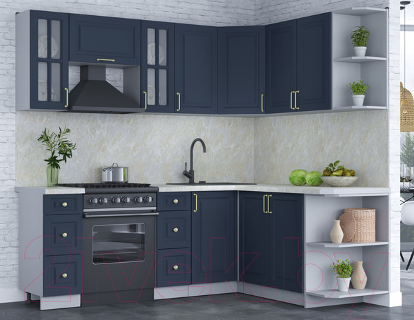 Изображение товара Кухонный гарнитур Интерлиния Мила Шато 1.7x2.2 правая (индиго/индиго/опал светлый)