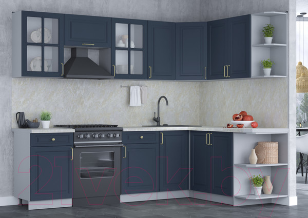 Изображение товара Кухонный гарнитур Интерлиния Мила Шато 1.7x2.6 правая (индиго/индиго/опал светлый)