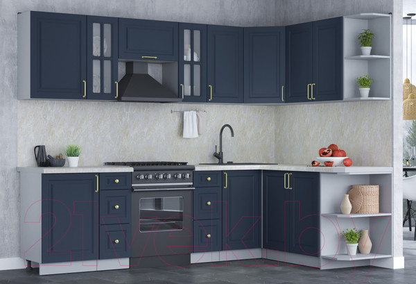 Изображение товара Кухонный гарнитур Интерлиния Мила Шато 1.7x2.7 правая (индиго/индиго/опал светлый)