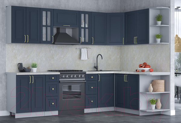 Изображение товара Кухонный гарнитур Интерлиния Мила Шато 1.7x2.8 правая (индиго/индиго/опал светлый)