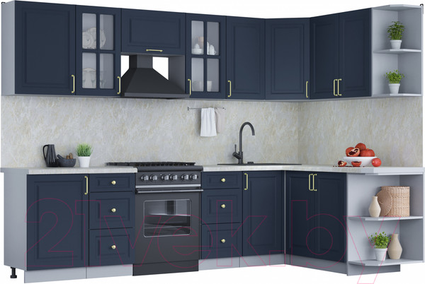 Изображение товара Кухонный гарнитур Интерлиния Мила Шато 1.7x2.9 правая (индиго/индиго/опал светлый)