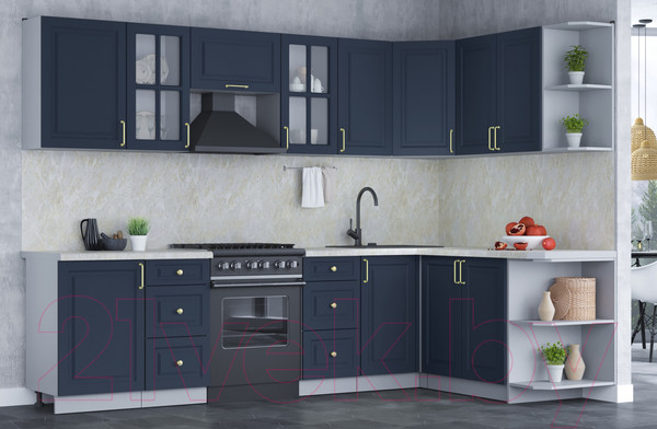 Изображение товара Кухонный гарнитур Интерлиния Мила Шато 1.7x2.9 правая (индиго/индиго/опал светлый)