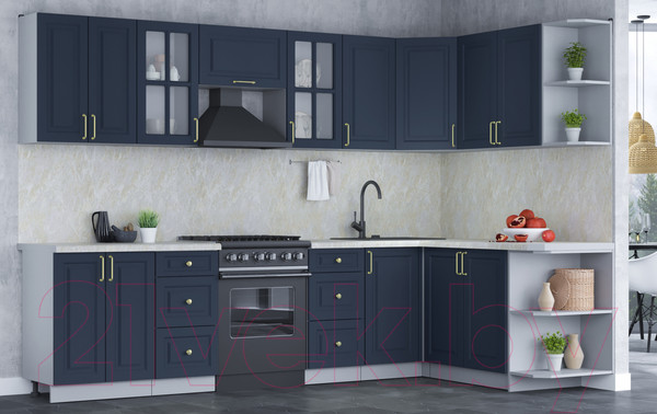 Изображение товара Кухонный гарнитур Интерлиния Мила Шато 1.7x3.0 правая (индиго/индиго/опал светлый)