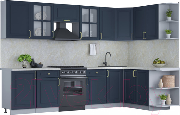 Изображение товара Кухонный гарнитур Интерлиния Мила Шато 1.7x3.1 правая (индиго/индиго/опал светлый)