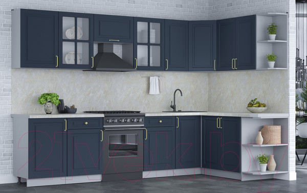 Изображение товара Кухонный гарнитур Интерлиния Мила Шато 1.7x3.1 правая (индиго/индиго/опал светлый)