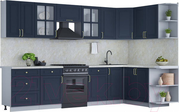 Изображение товара Кухонный гарнитур Интерлиния Мила Шато 1.7x3.2 правая (индиго/индиго/опал светлый)