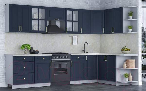 Изображение товара Кухонный гарнитур Интерлиния Мила Шато 1.7x3.2 правая (индиго/индиго/опал светлый)