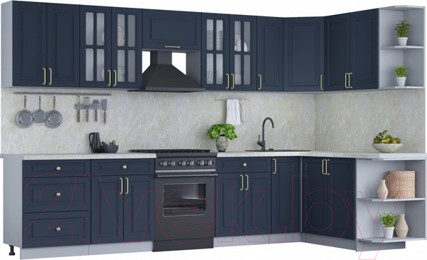 Изображение товара Кухонный гарнитур Интерлиния Мила Шато 1.7x3.3 правая (индиго/индиго/опал светлый)