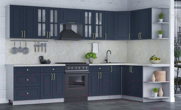 Изображение товара Кухонный гарнитур Интерлиния Мила Шато 1.7x3.3 правая (индиго/индиго/опал светлый)