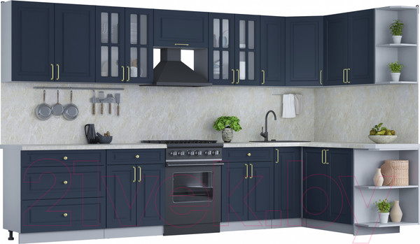 Изображение товара Кухонный гарнитур Интерлиния Мила Шато 1.7x3.5 правая (индиго/индиго/опал светлый)