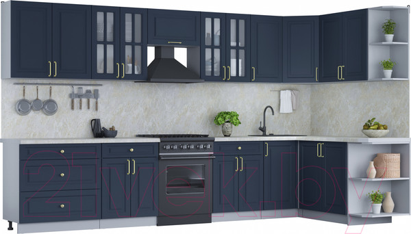 Изображение товара Кухонный гарнитур Интерлиния Мила Шато 1.7x3.6 правая (индиго/индиго/опал светлый)