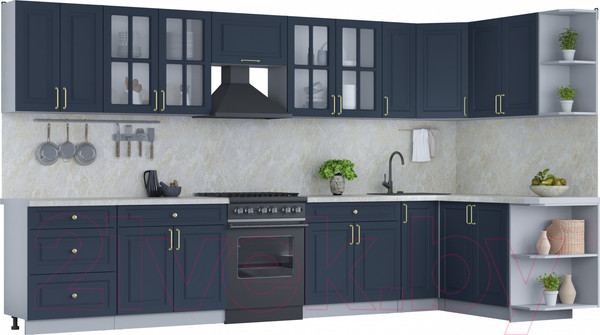 Изображение товара Кухонный гарнитур Интерлиния Мила Шато 1.7x3.7 правая (индиго/индиго/опал светлый)