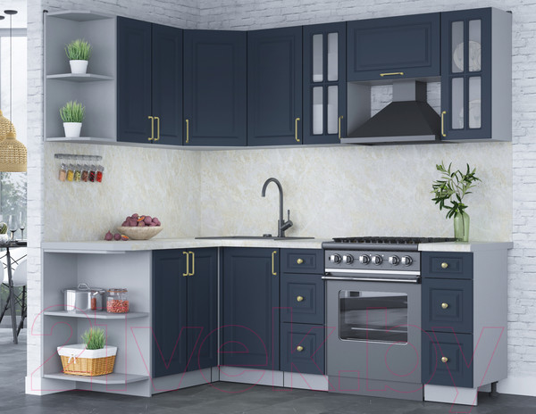 Изображение товара Кухонный гарнитур Интерлиния Мила Шато 1.5x2.2 левая (индиго/индиго/опал светлый)