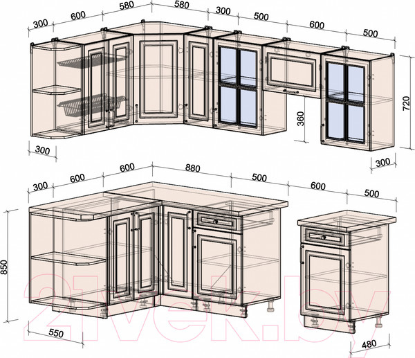 Изображение товара Кухонный гарнитур Интерлиния Мила Шато 1.5x2.5 левая (индиго/индиго/опал светлый)