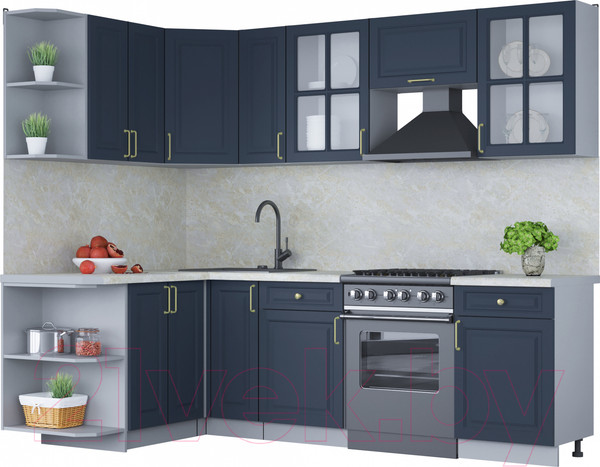 Изображение товара Кухонный гарнитур Интерлиния Мила Шато 1.5x2.5 левая (индиго/индиго/опал светлый)