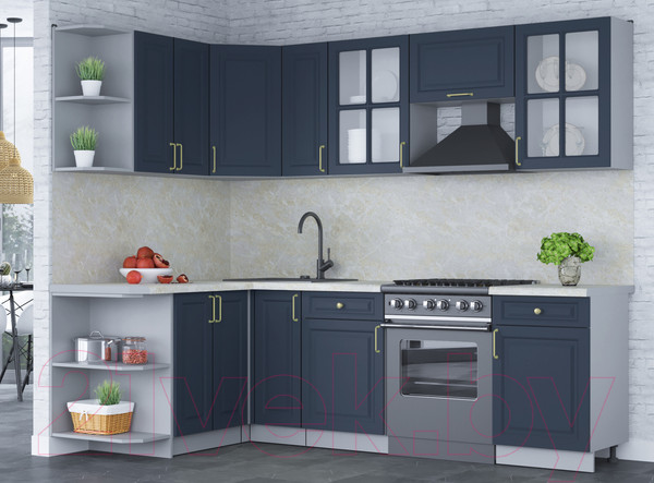 Изображение товара Кухонный гарнитур Интерлиния Мила Шато 1.5x2.5 левая (индиго/индиго/опал светлый)