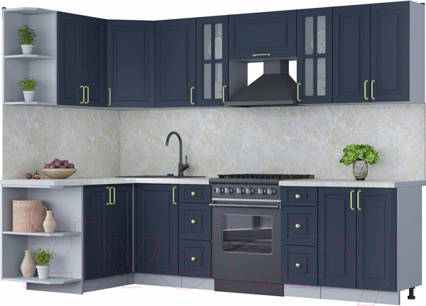 Изображение товара Кухонный гарнитур Интерлиния Мила Шато 1.5x2.8 левая (индиго/индиго/опал светлый)