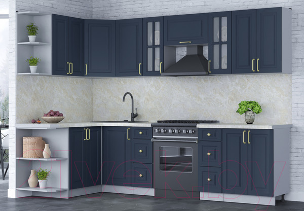 Изображение товара Кухонный гарнитур Интерлиния Мила Шато 1.5x2.8 левая (индиго/индиго/опал светлый)