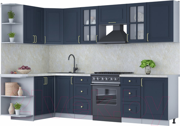 Изображение товара Кухонный гарнитур Интерлиния Мила Шато 1.5x2.9 левая (индиго/индиго/опал светлый)