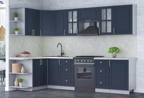 Изображение товара Кухонный гарнитур Интерлиния Мила Шато 1.5x2.9 левая (индиго/индиго/опал светлый)