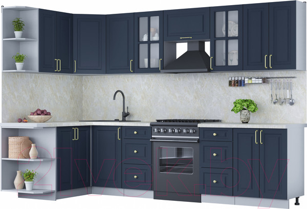 Изображение товара Кухонный гарнитур Интерлиния Мила Шато 1.5x3.0 левая (индиго/индиго/опал светлый)