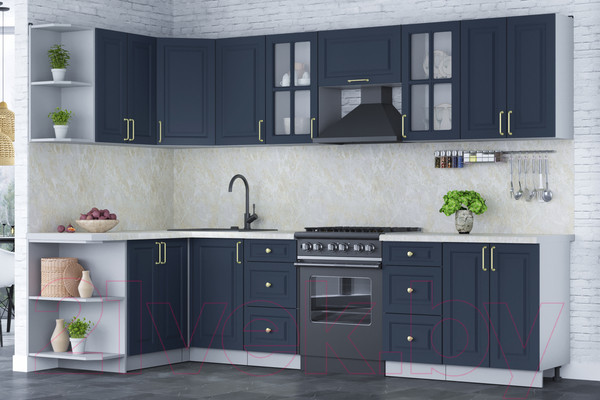 Изображение товара Кухонный гарнитур Интерлиния Мила Шато 1.5x3.0 левая (индиго/индиго/опал светлый)