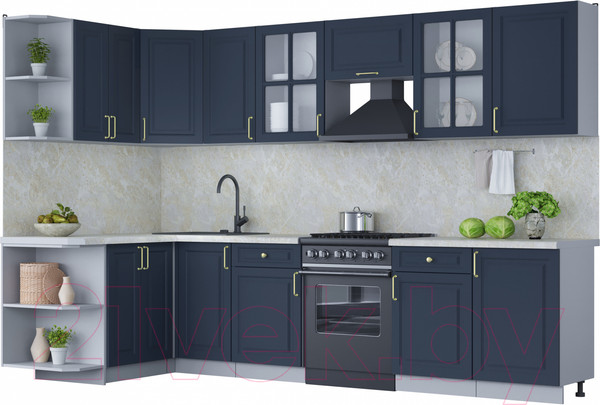 Изображение товара Кухонный гарнитур Интерлиния Мила Шато 1.5x3.1 левая (индиго/индиго/опал светлый)